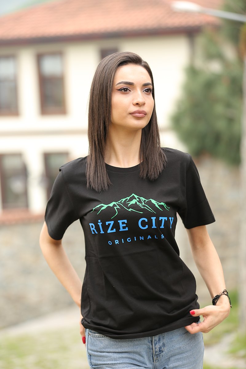 Rize City Bisiklet Yaka Siyah Unisex T-Shirt