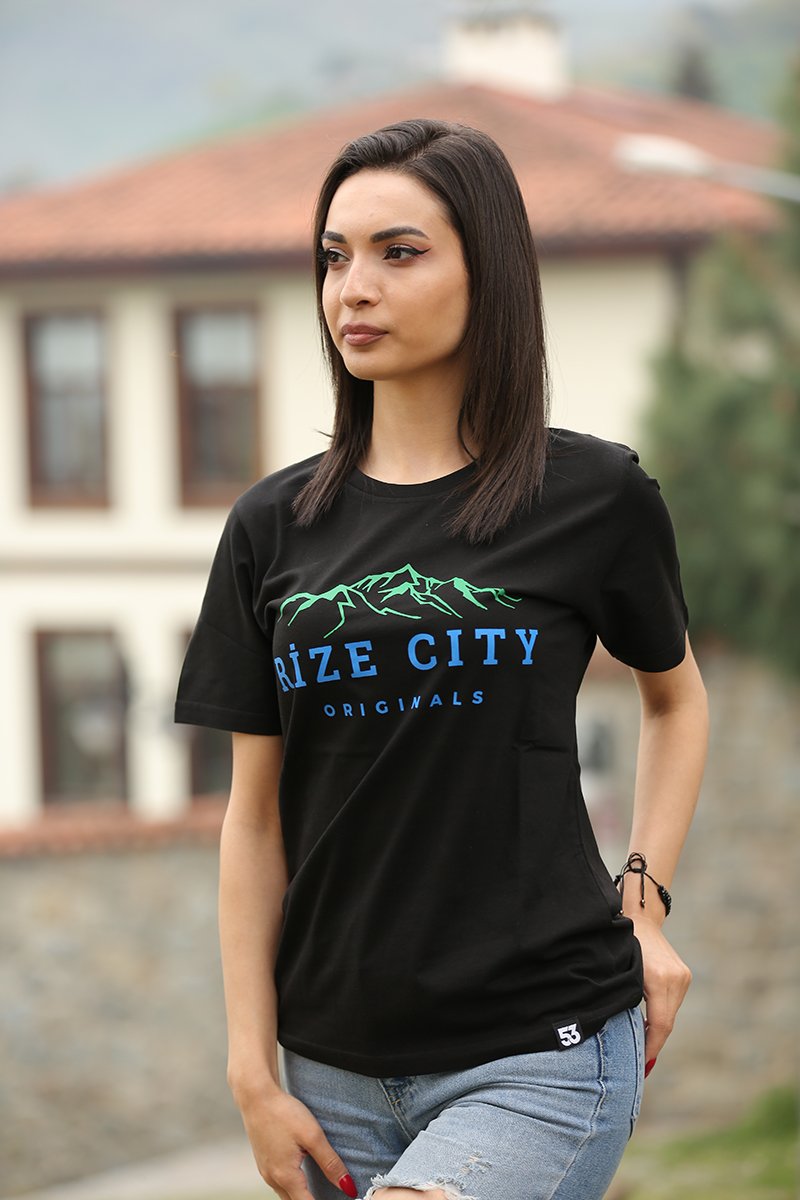Rize City Bisiklet Yaka Siyah Unisex T-Shirt