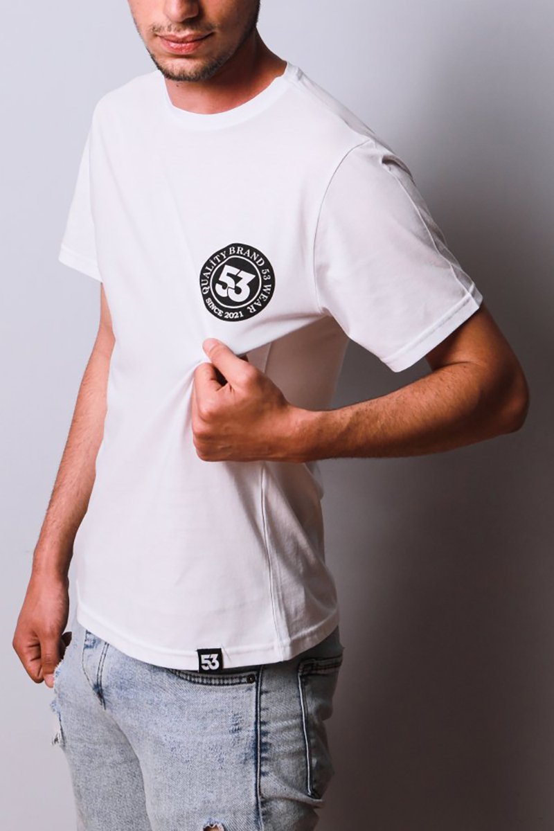 53 Logo Baskılı Bisiklet Yaka Beyaz T-Shirt Unisex