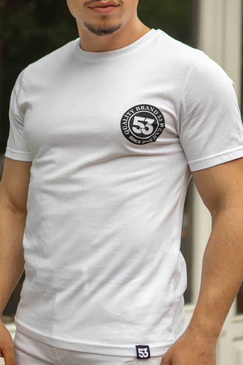 53 Logo Baskılı Bisiklet Yaka Beyaz T-Shirt Unisex